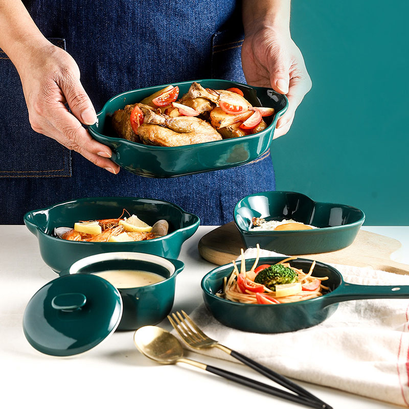 松发网红创意沙拉碗盘 烘焙五件套 陶瓷烤盘 烤锅 适用烤箱微波 孔雀绿