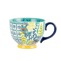 纯手工彩绘大容量陶瓷咖啡杯北欧风早餐麦片杯燕麦泡面杯带把碗杯 花样年华蓝