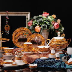 狂野巴洛克86头缕空骨瓷碗碟套装 欧式家用餐具套装碗盘礼品餐具